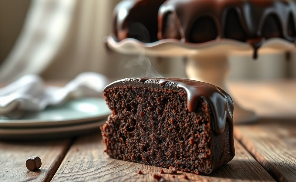 Fatia de Bolo de Chocolate Cremoso mostrando textura úmida e aveludada, com calda de chocolate escorrendo, em prato branco sobre mesa rústica