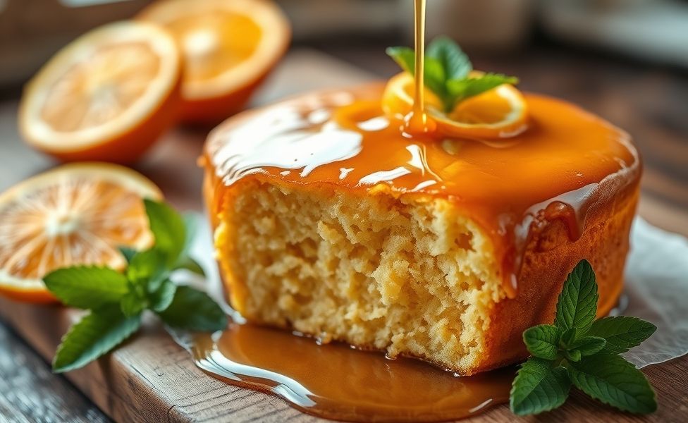 Bolo de Laranja com Calda recém-saído do forno com calda brilhante escorrendo pelas laterais, textura úmida visível no corte