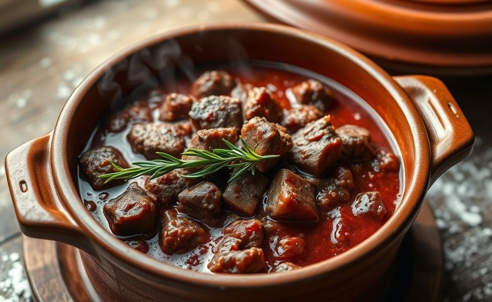 Ragu de Costela italiano em panela de barro com carne desfiada em molho vermelho escuro, decorado com alecrim fresco