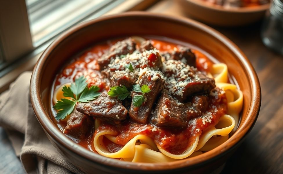 Ragu de Costela servido sobre pappardelle com molho de tomate encorpado, carne macia que se desfaz e queijo parmesão ralado