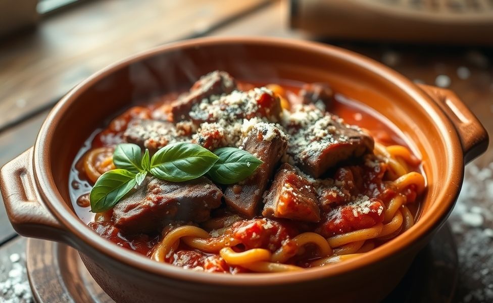 Ragu de Costela italiano servido em tigela rústica com carne tenra desfiando no molho vermelho, decorado com manjericão fresco e queijo parmesão
