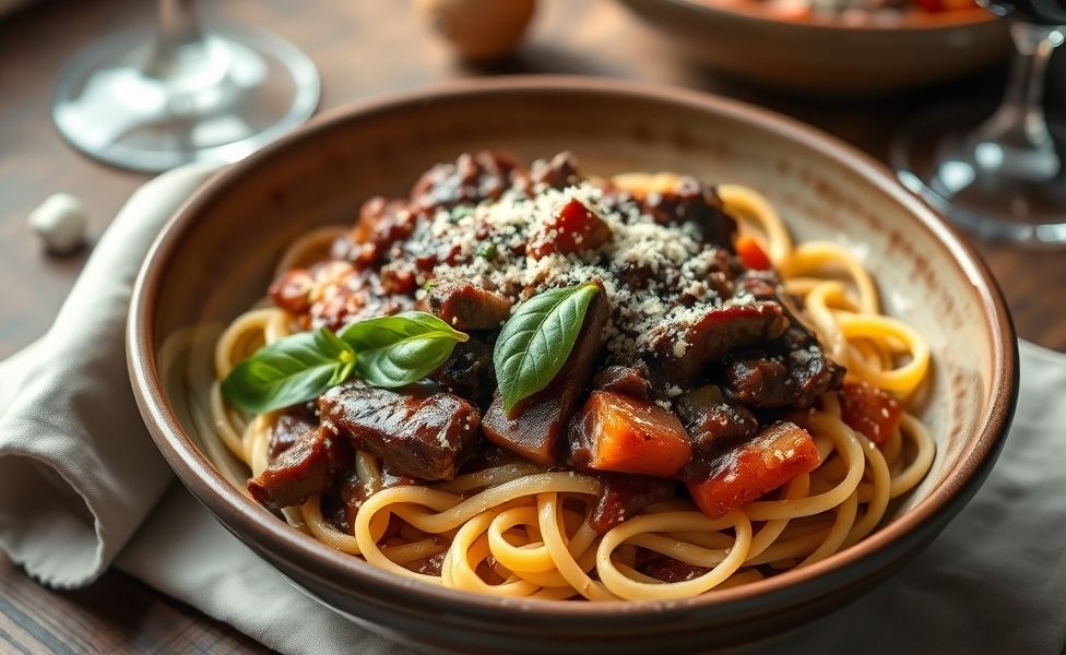 Ragu de Costela servido sobre tagliatelle fresca em tigela rústica, com carne macia que desfia, molho encorpado e queijo parmesão ralado