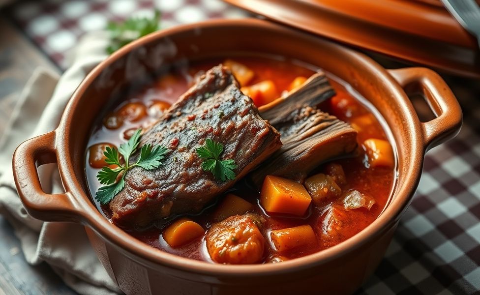 Ragu de Costela tradicional em panela de barro com carne suculenta desfiando no molho vermelho encorpado com legumes visíveis