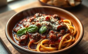 Ragu de Costela italiano servido sobre tagliatelle fresca com molho vermelho encorpado, carne desfiada e queijo parmesão ralado