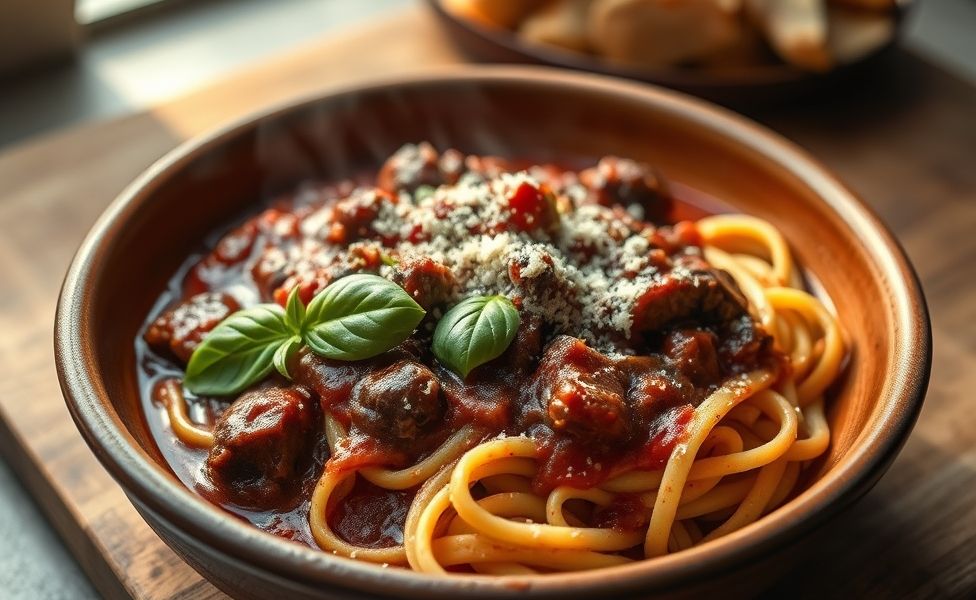 Ragu de Costela italiano servido sobre tagliatelle fresca com molho vermelho encorpado, carne desfiada e queijo parmesão ralado