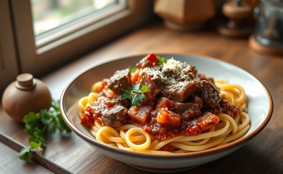 Ragu de Costela servido sobre tagliatelle fresca em tigela rústica, com carne macia desfiando no molho vermelho encorpado com legumes