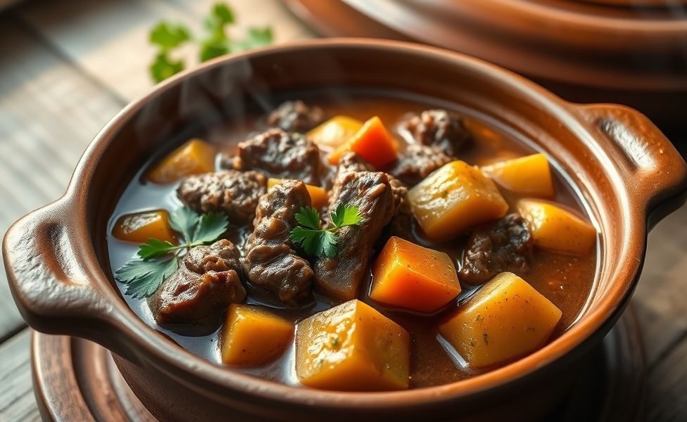 Receitas do Guigo - carne de panela com batatas e cenouras em molho cremoso, servida em panela de barro com salsa fresca