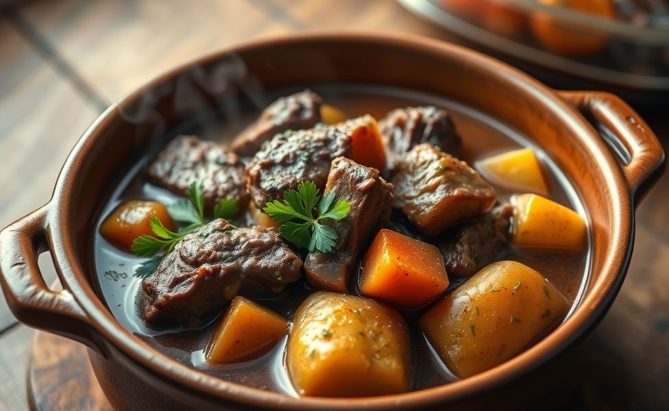 Receitas do Guigo - carne de panela com batatas e cenouras em molho cremoso, servida em panela de barro com salsinha fresca