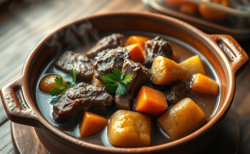 Receitas do Guigo - carne de panela cremosa com batatas e cenouras douradas servida em panela de barro, prato tradicional brasileiro