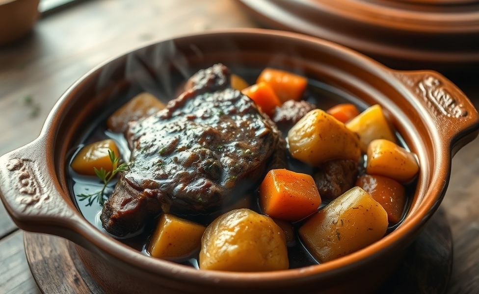 Receitas do Guigo - carne de panela cremosa com batatas e cenouras douradas em caldo aromático, servida em panela de barro