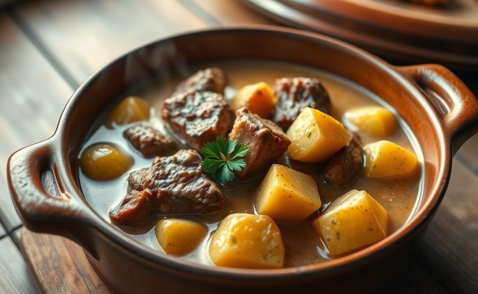 Receitas do Guigo - carne de panela com batatas em molho cremoso servida em panela de barro, prato tradicional brasileiro