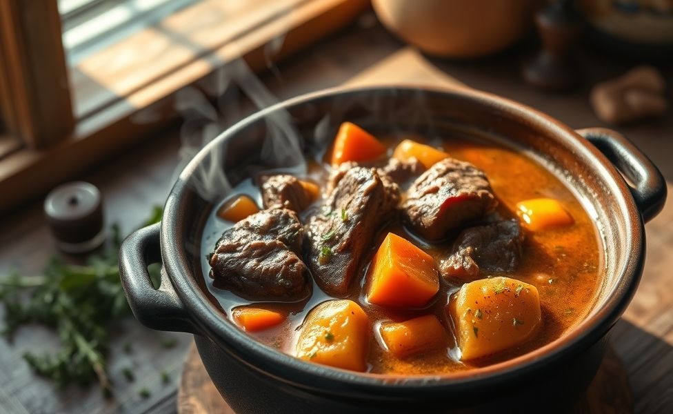 Receitas do Guigo - carne de panela com legumes em cerâmica escura, mostrando pedaços macios de carne, cenouras laranjas e batatas douradas em caldo aromático