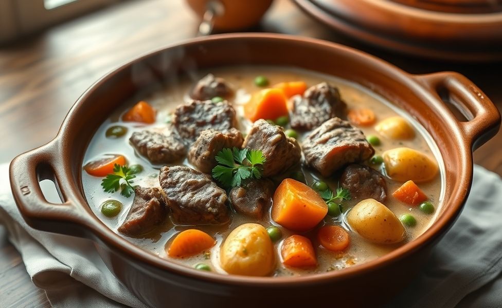 Receitas do Guigo - carne de panela com legumes em molho cremoso servida em panela de barro, com cenouras, batatas e ervilhas