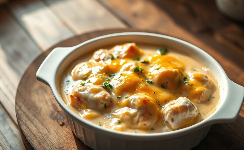 Prato das Receitas do Guigo com frango cremoso coberto por queijo derretido dourado em refratário branco, decorado com salsinha fresca