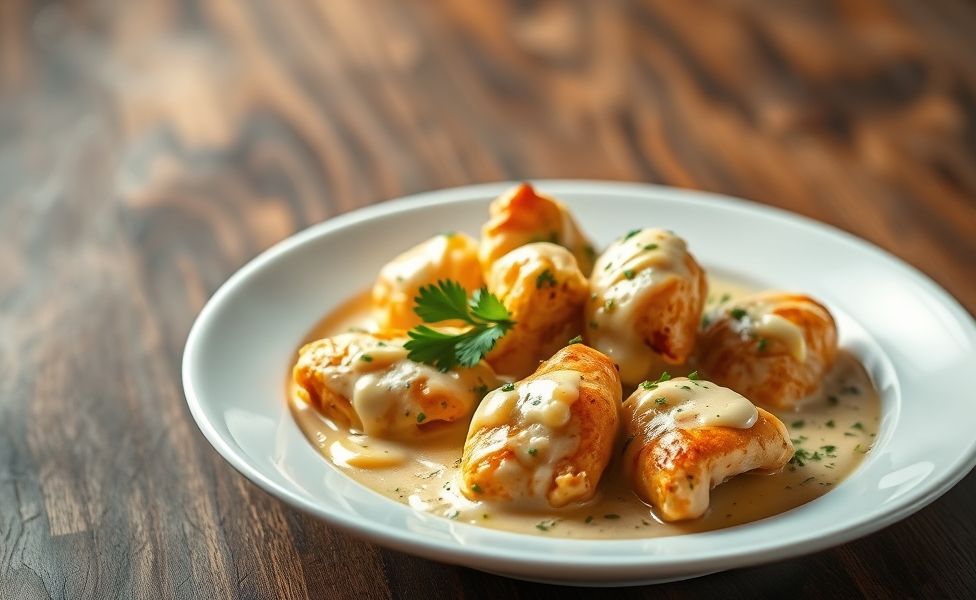 Prato das Receitas do Guigo com frango cremoso e queijo derretido, decorado com salsinha fresca sobre fundo rústico