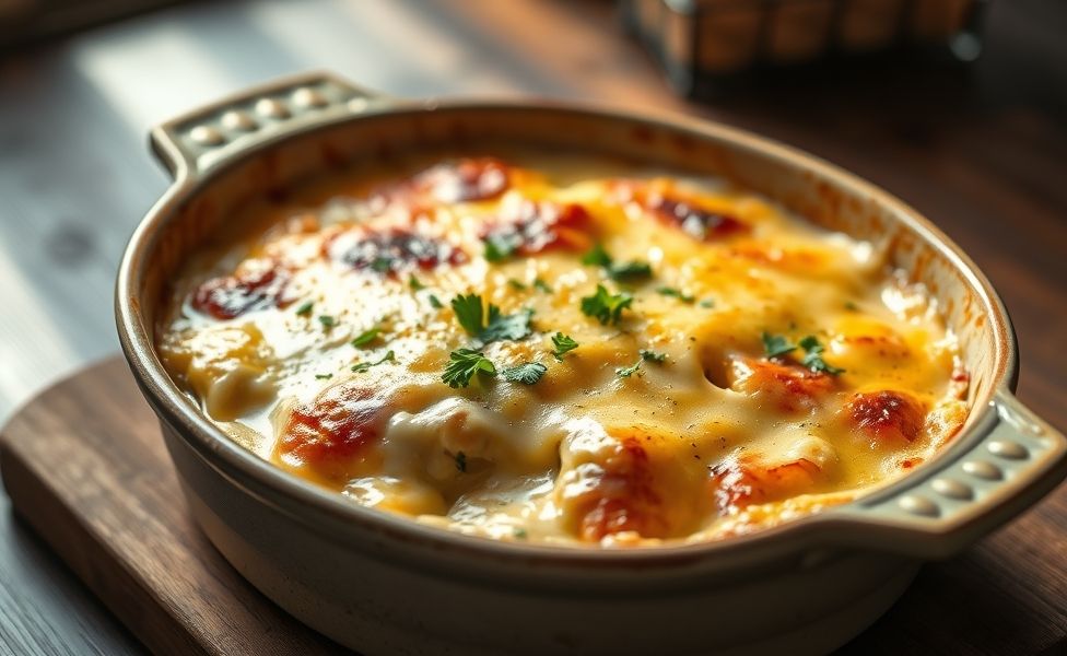Prato das Receitas do Guigo com frango cremoso coberto por queijo gratinado dourado em refratário de cerâmica, decorado com salsa fresca
