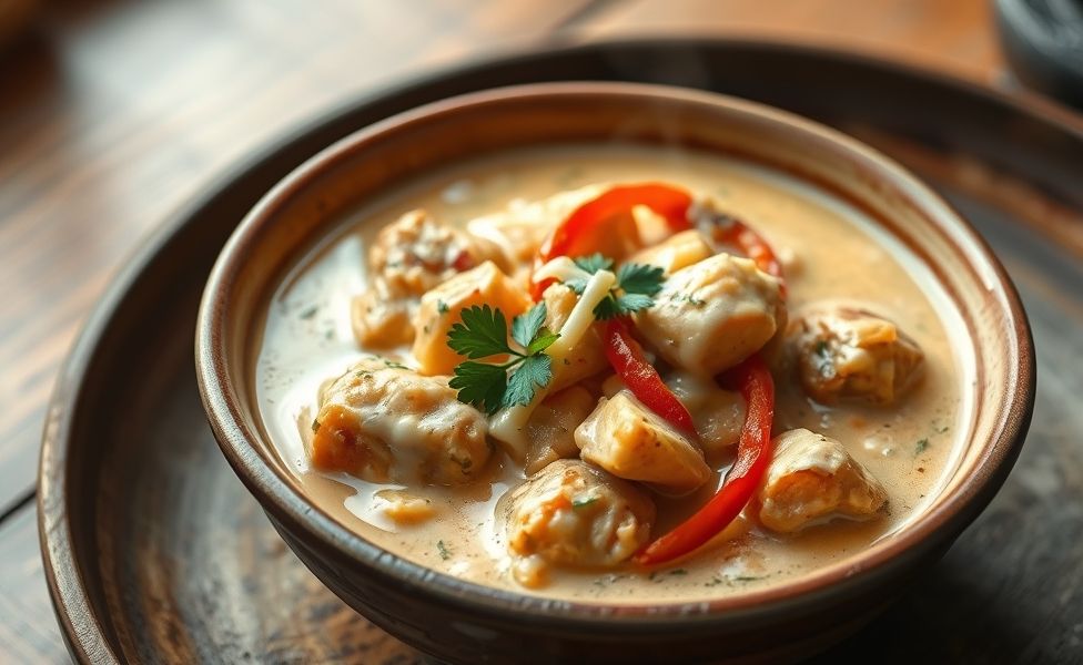 Prato das Receitas do Guigo - frango cremoso com queijo derretido e pimentões coloridos em molho aromático