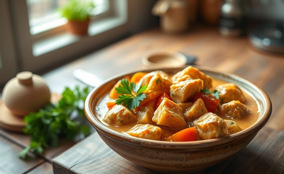 Prato das Receitas do Guigo - frango cremoso com pimentões coloridos em molho aromático, servido em bowl rústico