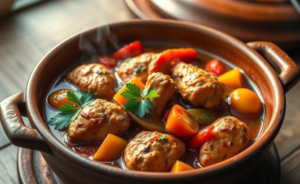 Prato das Receitas do Guigo com frango suculento, pimentões coloridos e molho aromático servido em panela de barro