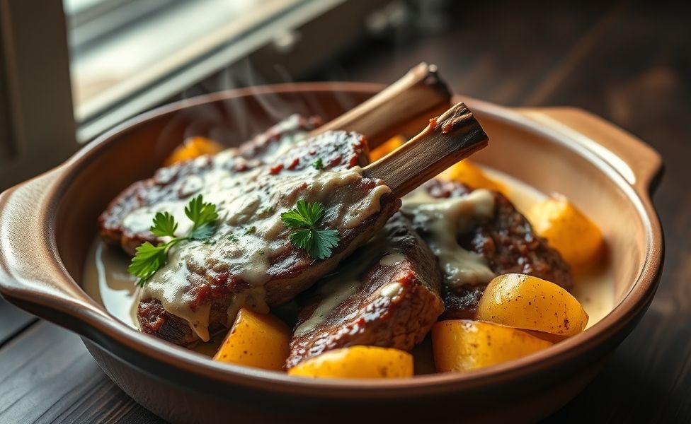 Costela bovina cremosa das Receitas do Guigo servida com batatas douradas em assadeira rústica, molho cremoso e salsinha fresca
