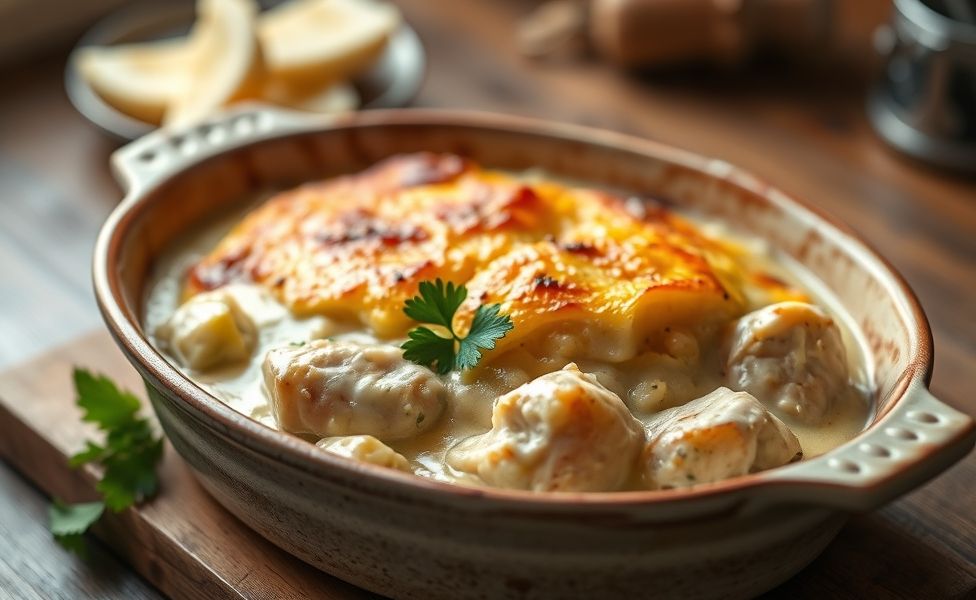 Receitas do Guigo - frango cremoso com batatas assadas em assadeira, molho dourado e salsinha fresca como acabamento