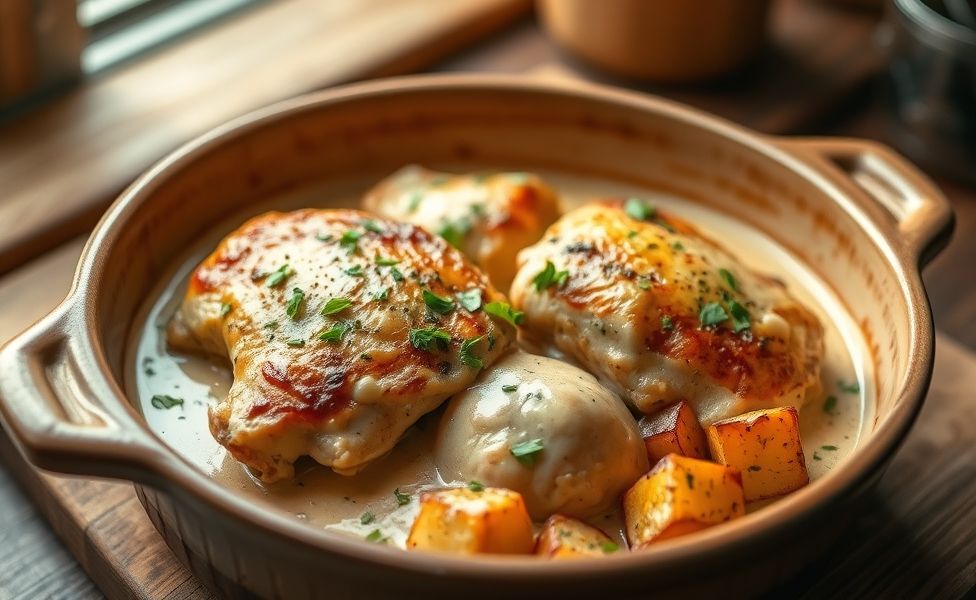 Prato de Receitas do Guigo - frango cremoso com batatas assadas douradas em assadeira de cerâmica rústica