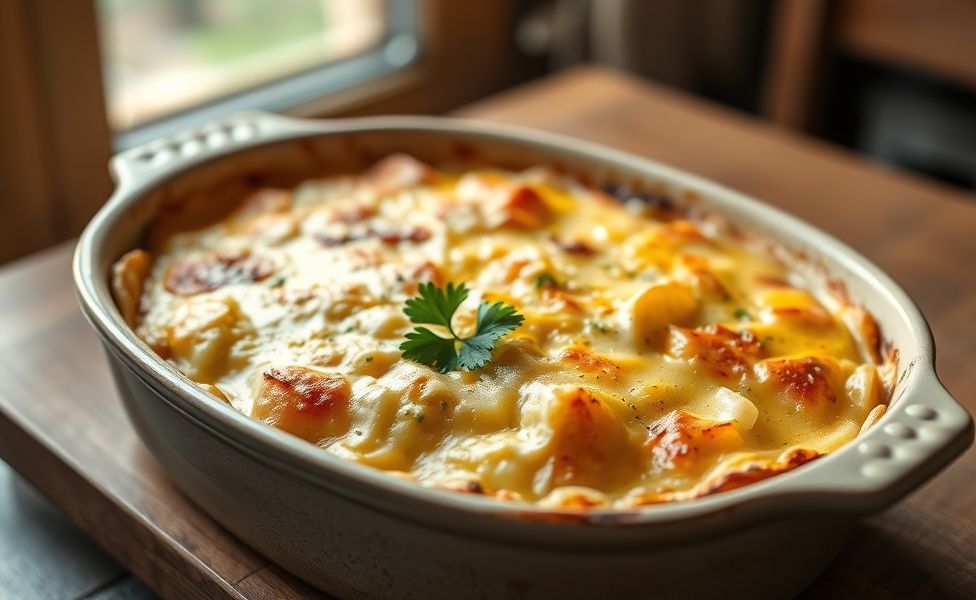 Receitas do Guigo - frango cremoso com batatas assadas coberto com queijo gratinado dourado em assadeira de cerâmica