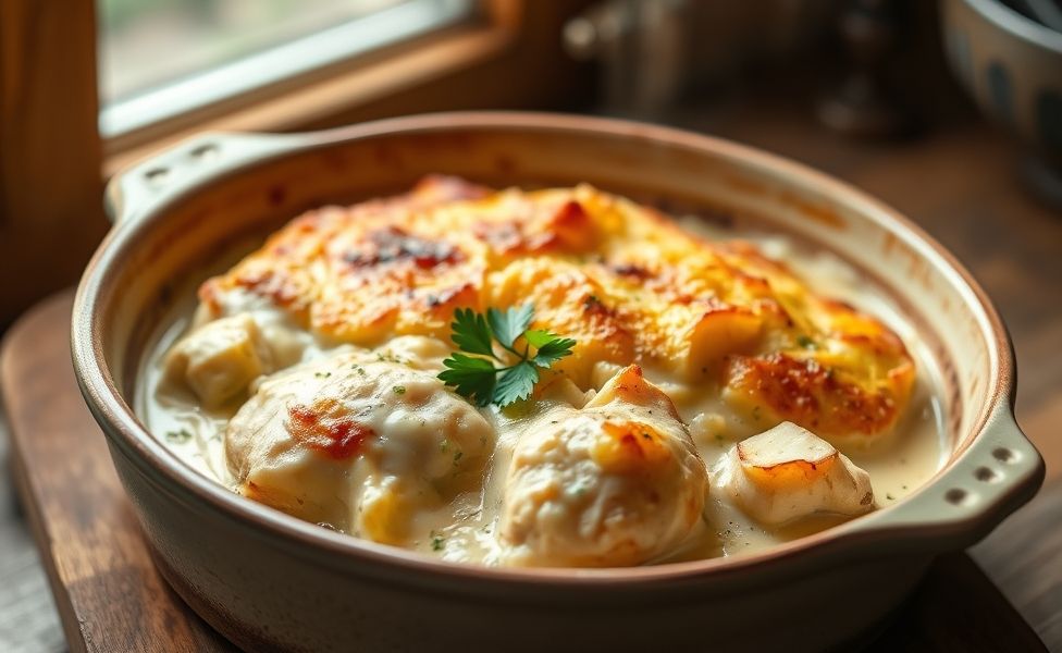 Receitas do Guigo - frango cremoso com batatas douradas em recipiente cerâmico, molho cremoso visível entre os ingredientes