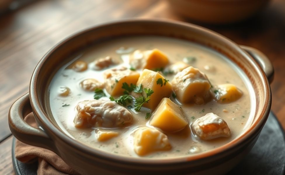 Receitas do Guigo - frango cremoso com batatas douradas em molho cremoso, servido em bowl rústico com salsa fresca