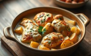 Receitas do Guigo - frango cremoso com batatas assadas douradas em assadeira de cerâmica, molho cremoso e salsa fresca como guarnição