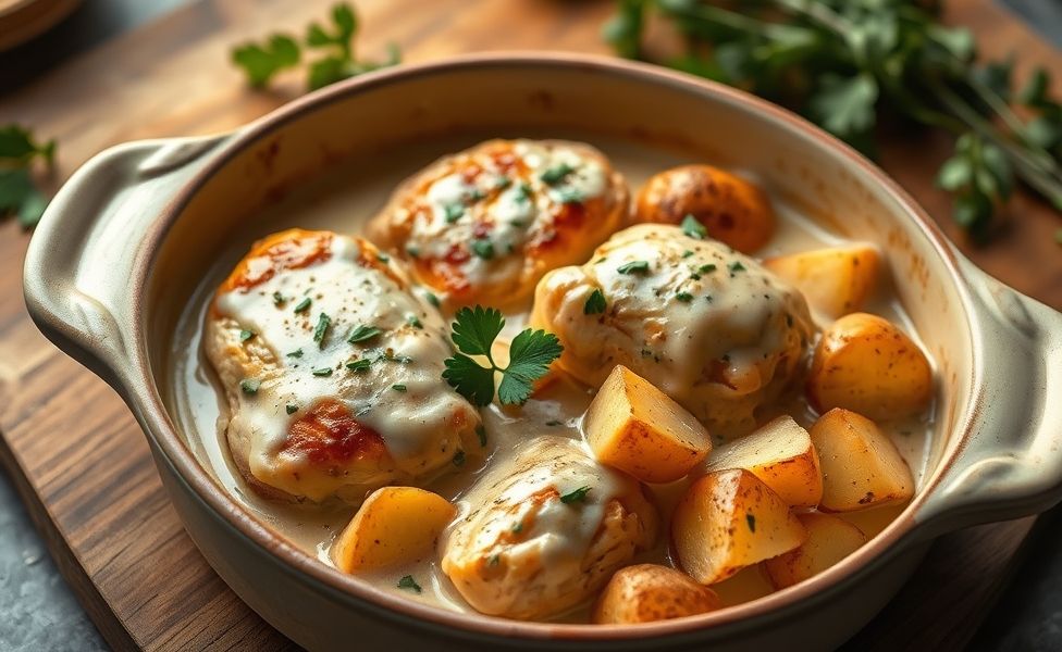 Receitas do Guigo - frango cremoso com batatas assadas douradas em travessa de cerâmica, molho cremoso e salsinha fresca como guarnição