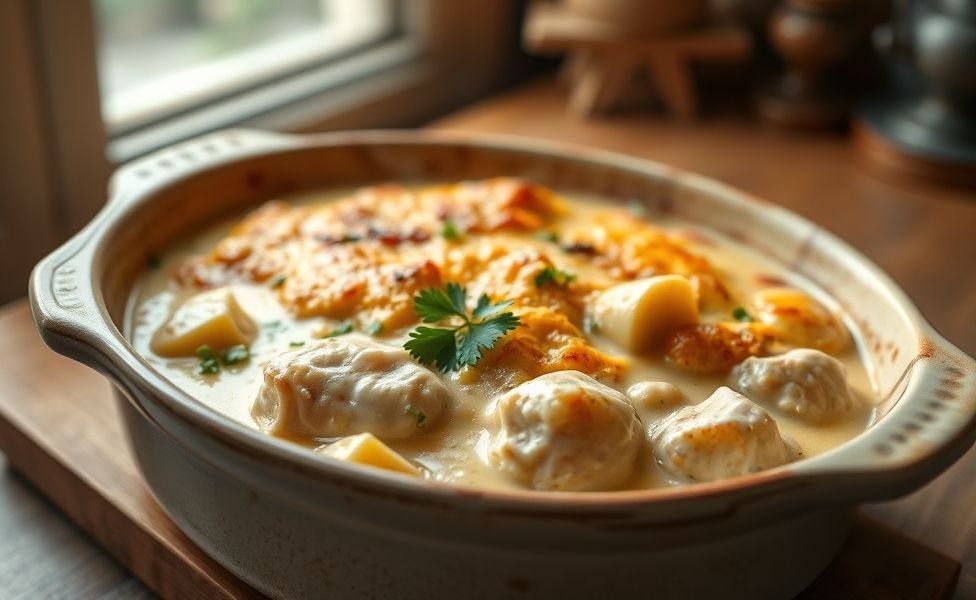 Prato das Receitas do Guigo - frango cremoso com batatas assadas em travessa de cerâmica, molho dourado e queijo gratinado, decorado com salsinha fresca