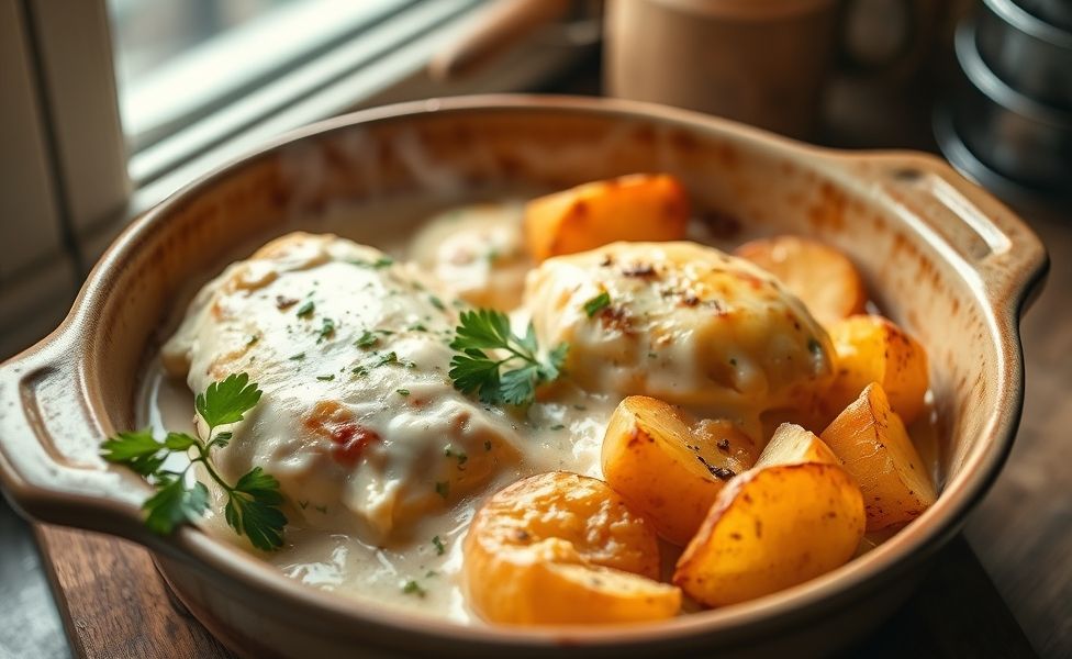 Prato de Receitas do Guigo - frango cremoso com batatas assadas douradas em forma de cerâmica, queijo derretido e salsinha fresca