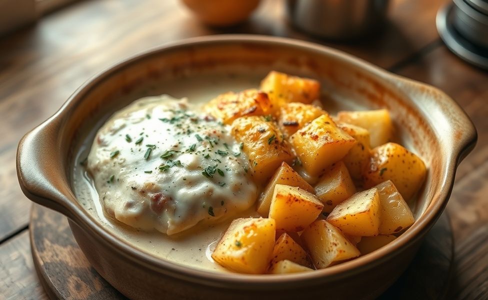 Receitas do Guigo - frango cremoso com batatas assadas gratinadas em forma de cerâmica, molho dourado e queijo derretido