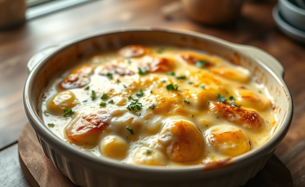 Receitas do Guigo - frango cremoso com batatas assadas coberto com queijo derretido dourado em forma refratária