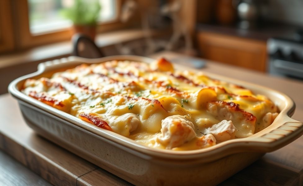 Receitas do Guigo - frango cremoso com batatas assadas em refratário, gratinado com queijo dourado e molho cremoso visível