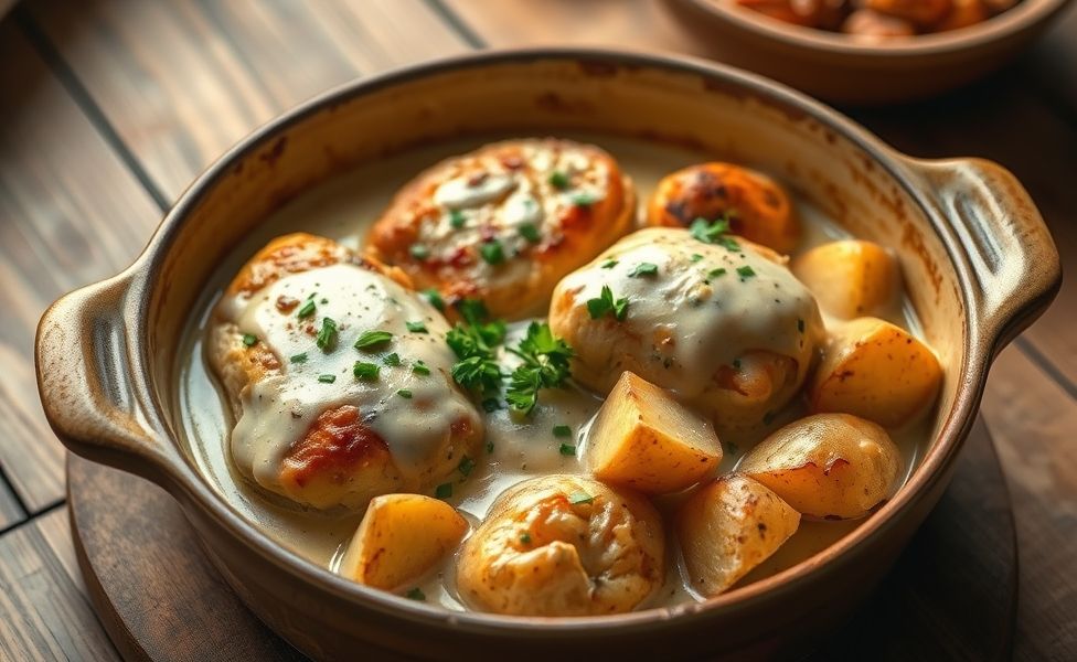 Prato finalizado das Receitas do Guigo com frango cremoso e batatas assadas douradas em travessa de cerâmica rústica