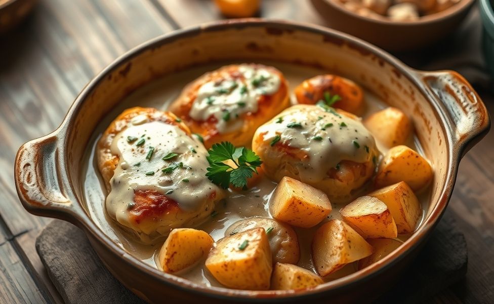 Frango cremoso com batatas assadas das Receitas do Guigo, prato dourado com molho cremoso e salsinha fresca em assadeira rústica