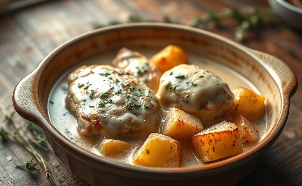 Prato finalizado das Receitas do Guigo - frango cremoso com batatas assadas em assadeira de cerâmica, molho dourado e salsinha fresca