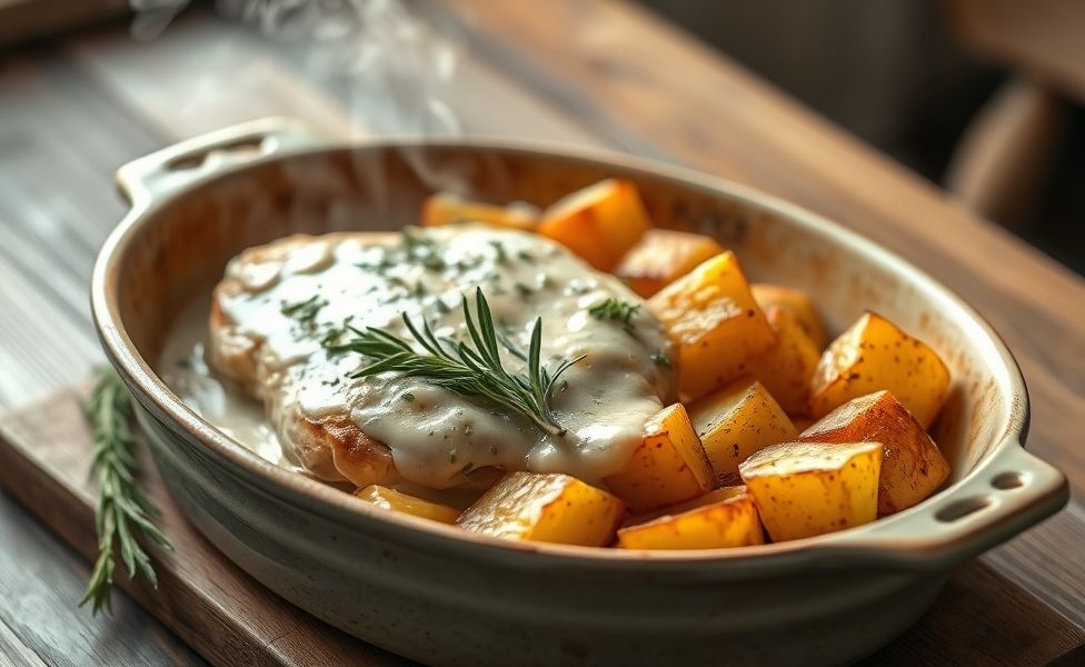 Prato de Receitas do Guigo com frango cremoso e batatas assadas douradas em forma de cerâmica, decorado com alecrim fresco