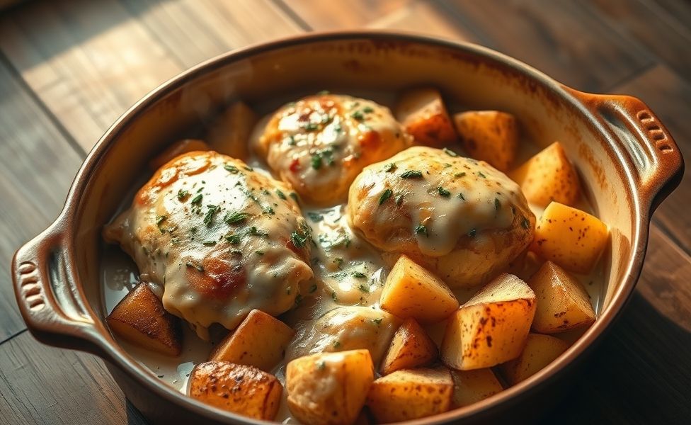 Prato finalizado das Receitas do Guigo com frango cremoso e batatas assadas douradas em assadeira de cerâmica rústica