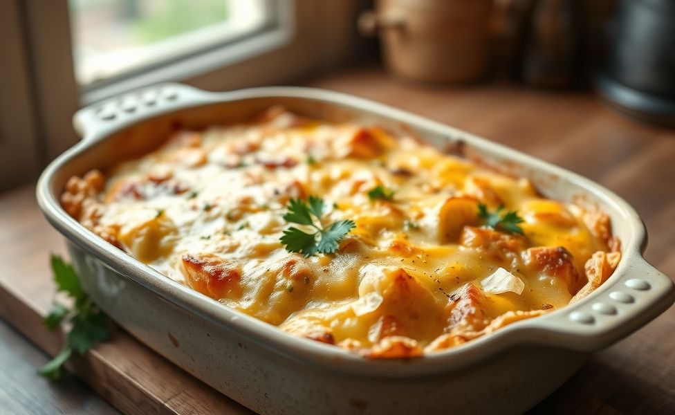 Prato das Receitas do Guigo - frango cremoso com batatas assadas gratinadas com queijo dourado em refratário de cerâmica