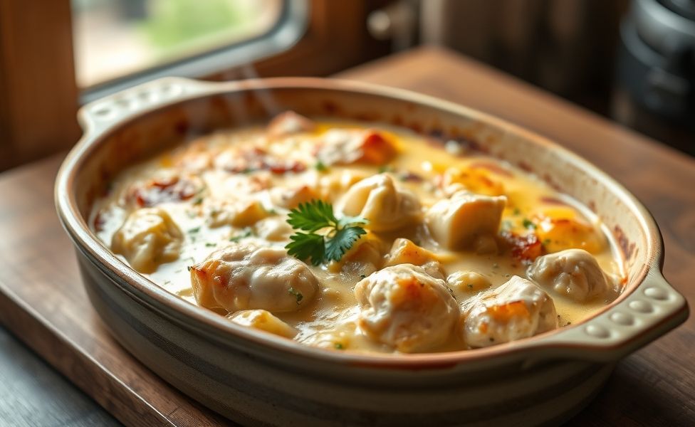 Receitas do Guigo - frango cremoso com batatas assadas gratinadas com queijo em assadeira de cerâmica, prato caseiro apetitoso