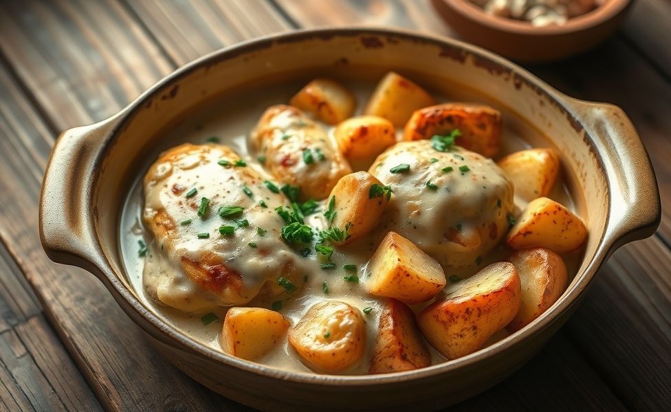 Frango cremoso com batatas assadas das Receitas do Guigo servido em travessa rústica, molho dourado e salsa fresca