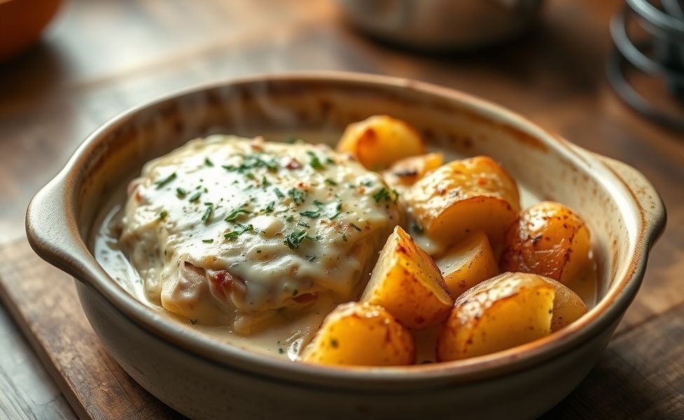Receitas do Guigo - frango cremoso com batatas assadas douradas em assadeira de cerâmica, molho cremoso e queijo derretido