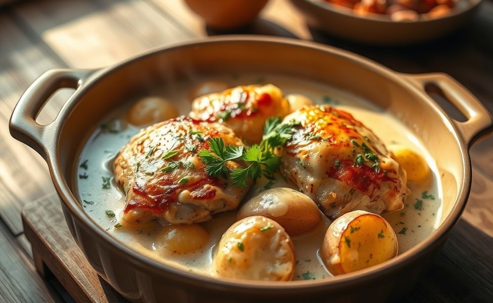 Frango cremoso com batatas das Receitas do Guigo, servido em assadeira com molho dourado e ervas frescas