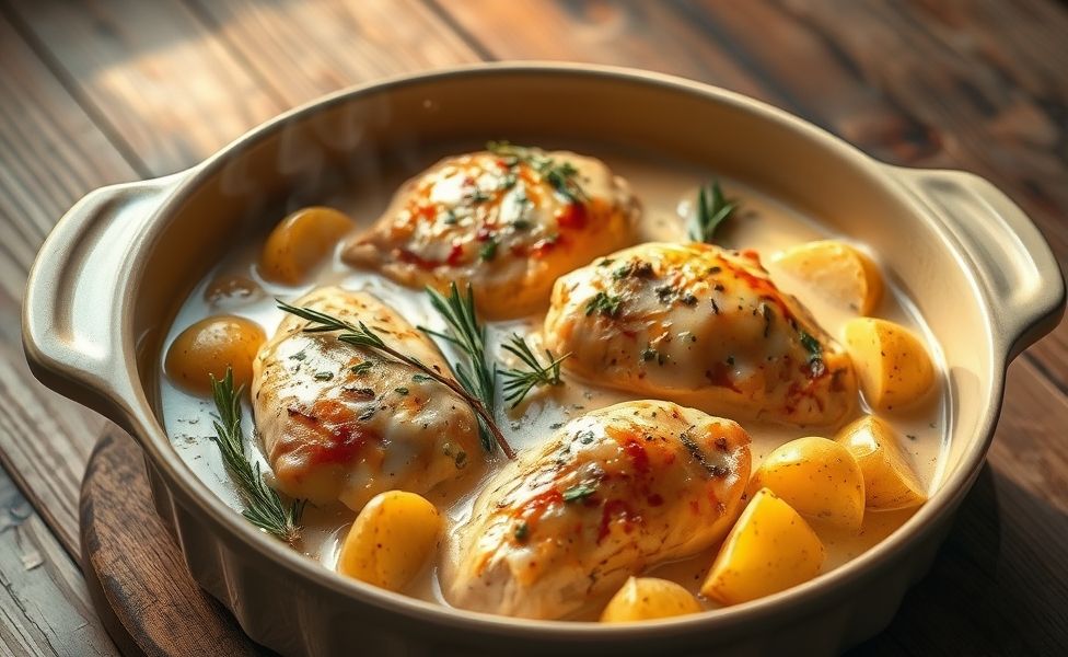 Receitas do Guigo - frango cremoso com batatas assadas no forno, dourado e suculento com molho cremoso e ervas frescas