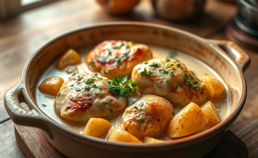 Receitas do Guigo - frango cremoso com batatas assadas em molho aromático, servido em assadeira de cerâmica rústica