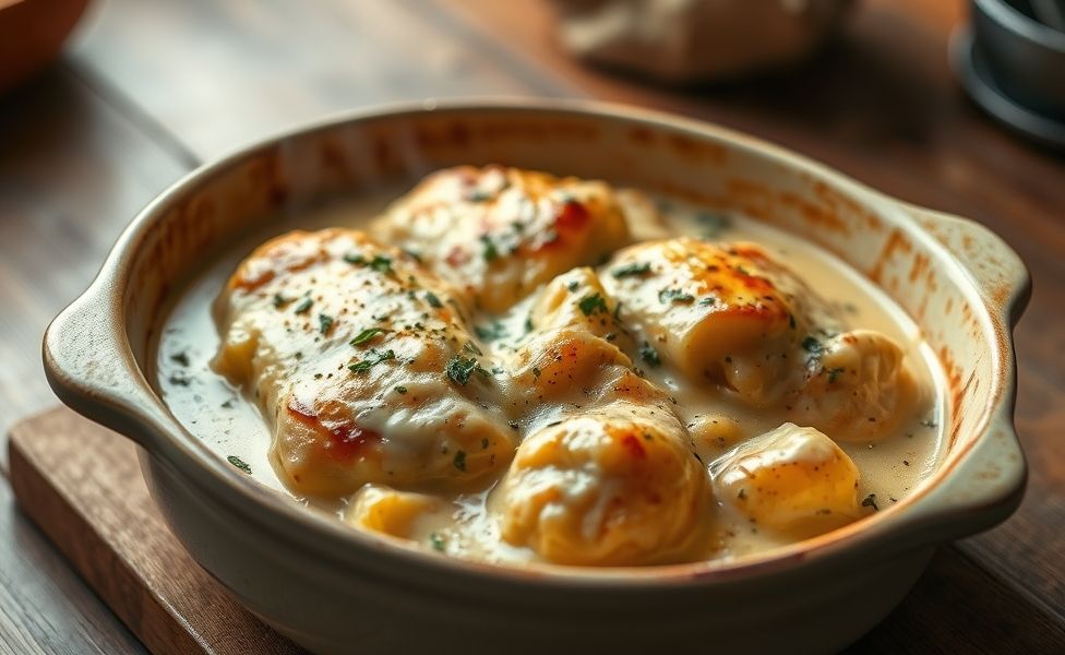 Prato de Receitas do Guigo - frango cremoso com batatas douradas no forno em assadeira de cerâmica com queijo derretido