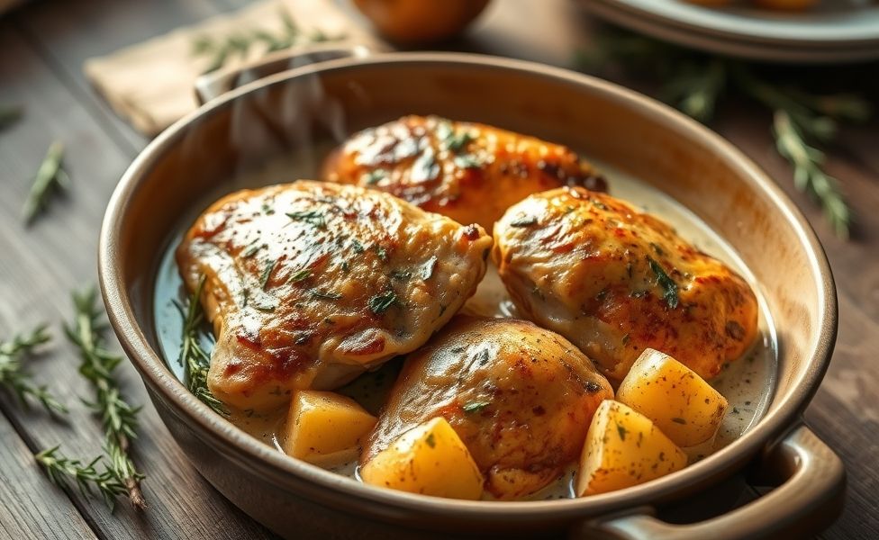 Receitas do Guigo - frango dourado com batatas em molho cremoso de ervas, servido em assadeira rústica com ramos de alecrim fresco